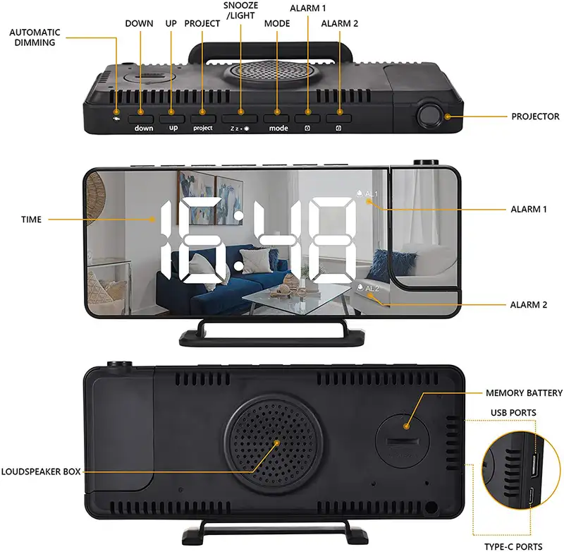 180* Mirror Projection Led Clock