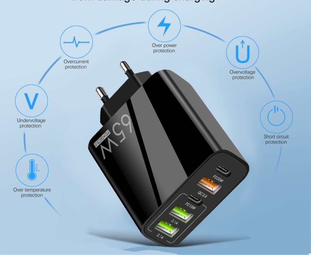 65w 3USB 2PD Adaptor Charger Plug - Image 3